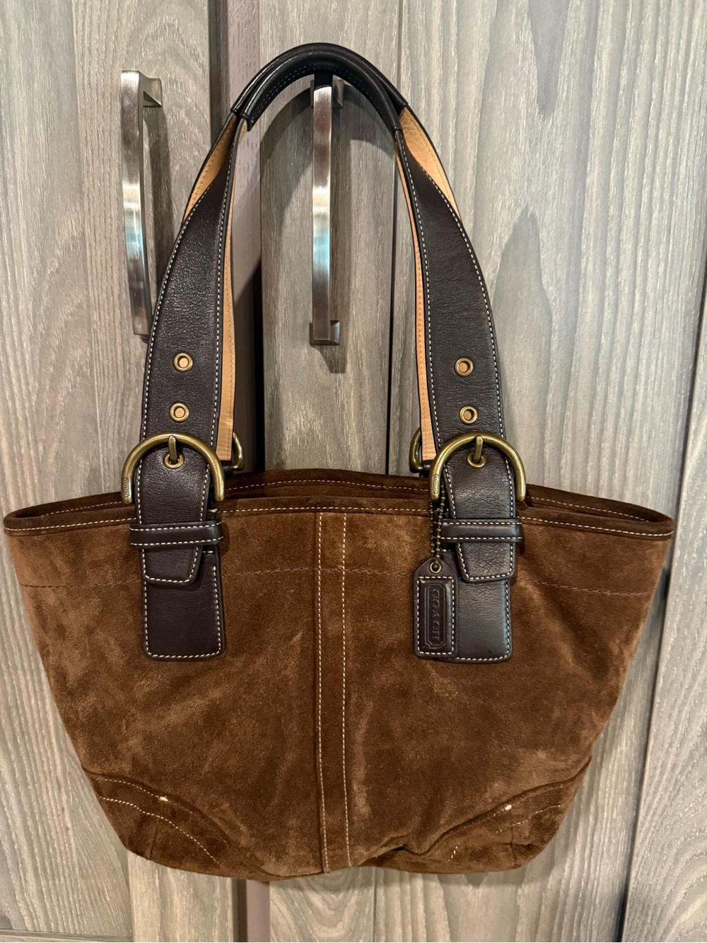 Y2K Coach Brown Suede Buckle Tote Bag with Dark Leather Straps - Picture 2 of 5